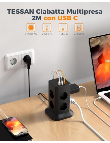 TESSAN TS-TP5 Multipresa con USB,...