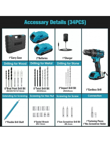 Trapano Avvitatore a Batteria 21V, 2...