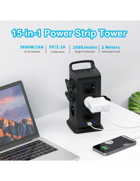 Ciabatta corrente torre multipresa intelligente 12 prese schuko 3680W e 3 USB