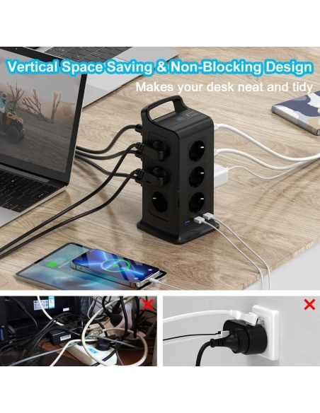 Ciabatta corrente torre multipresa intelligente 12 prese schuko 3680W e 3 USB