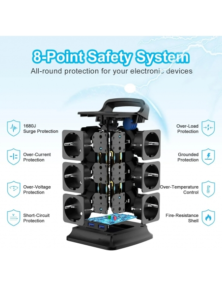 Ciabatta corrente torre multipresa intelligente 12 prese schuko 3680W e 3 USB