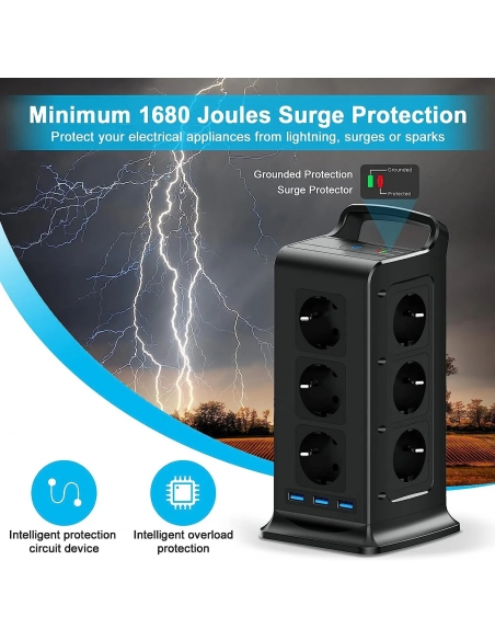Ciabatta corrente torre multipresa intelligente 12 prese schuko 3680W e 3 USB