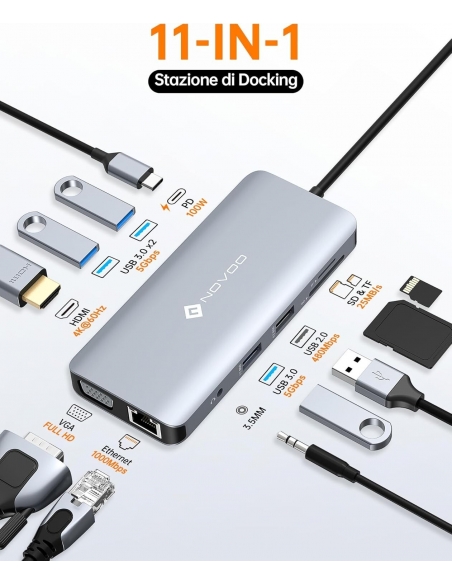 NOVOO R11 Docking Station USBC 11 in 1 Hub Adattatore multiporta MacBook Dell HP
