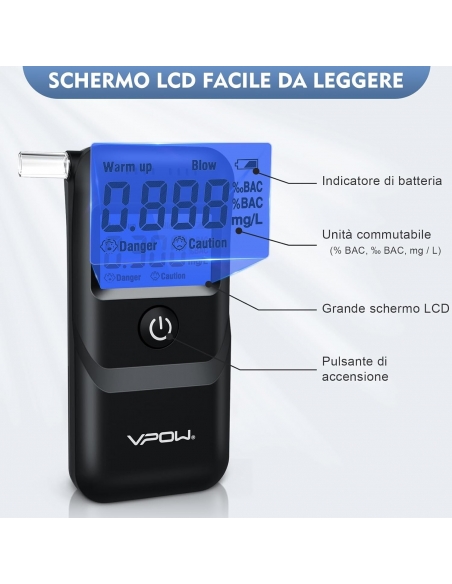 Etilometro VPOW, per testare l'alcol con display LCD blu digitale