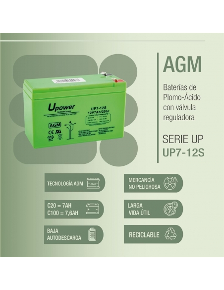 U-Power UP7-12S Batteria al piombo 12V 7Ah AGM