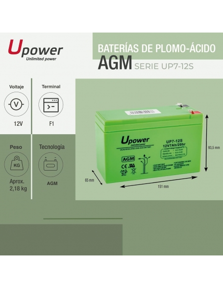 U-Power UP7-12S Batteria al piombo 12V 7Ah AGM